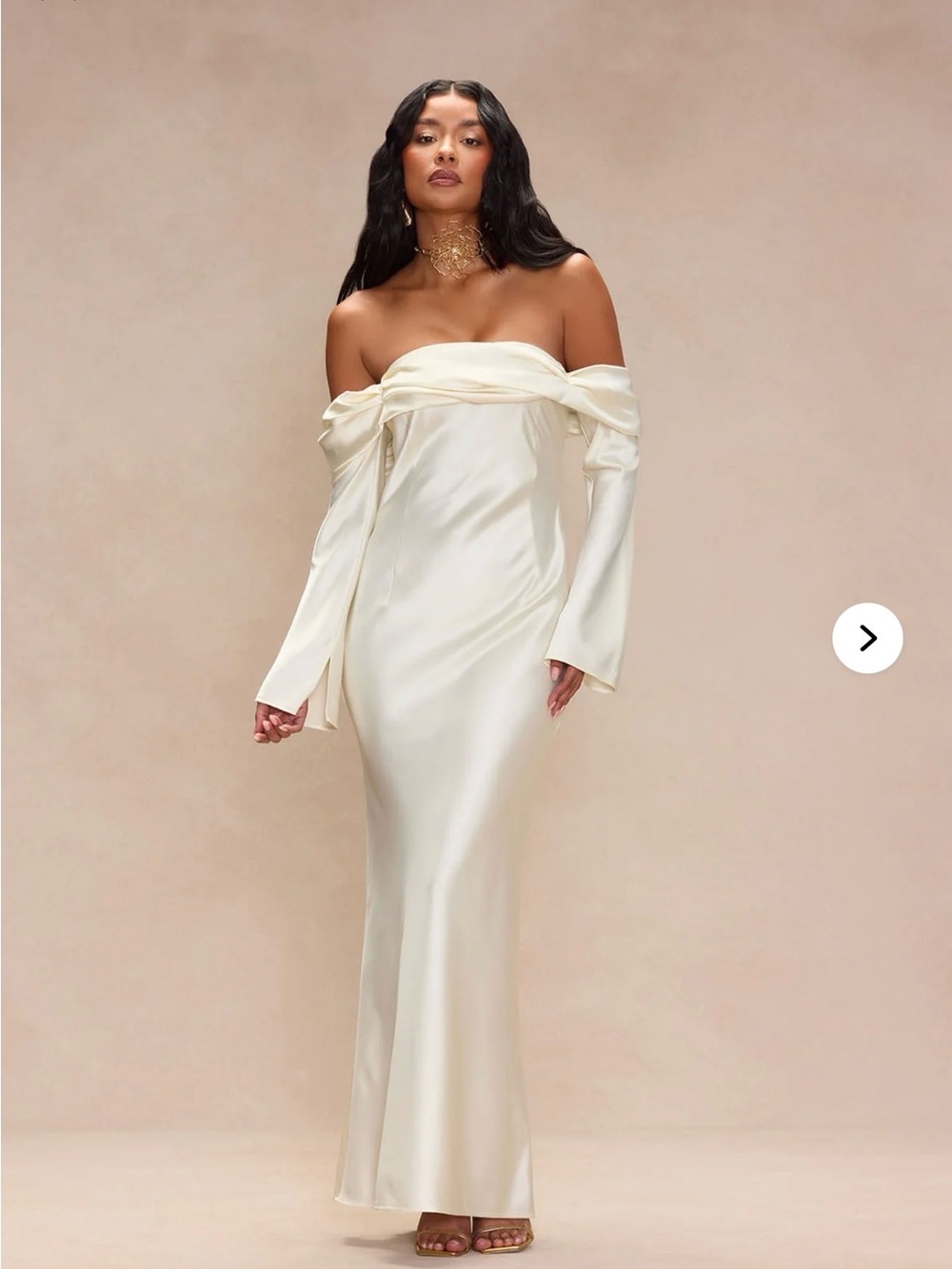 Fashion Nova Off-Shoulder Satin Gown in Ivory